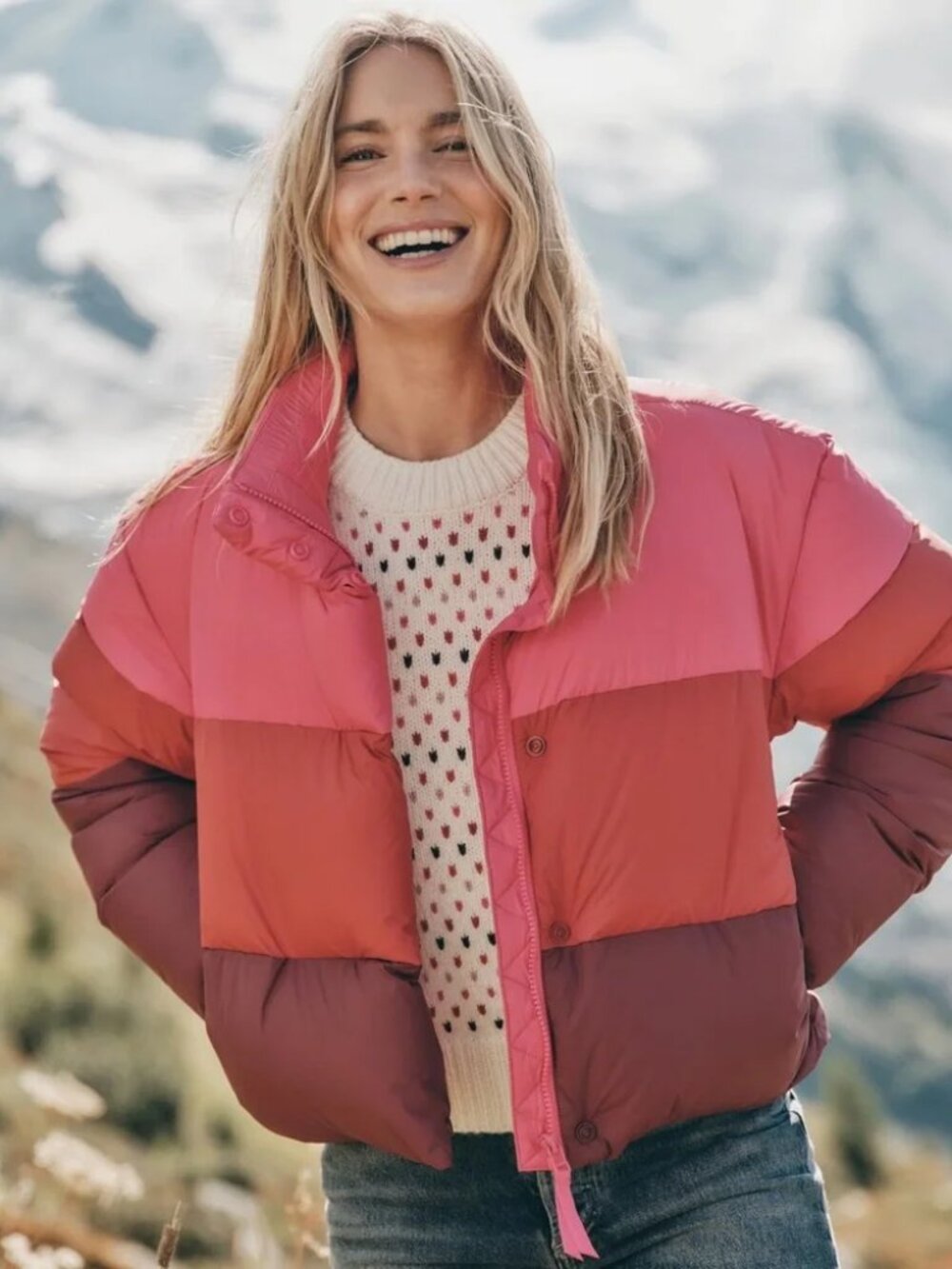 Marine Layer Gia Crop Puffer Jacket Down Coat Pink Red Colorblock Warm Fall MED
